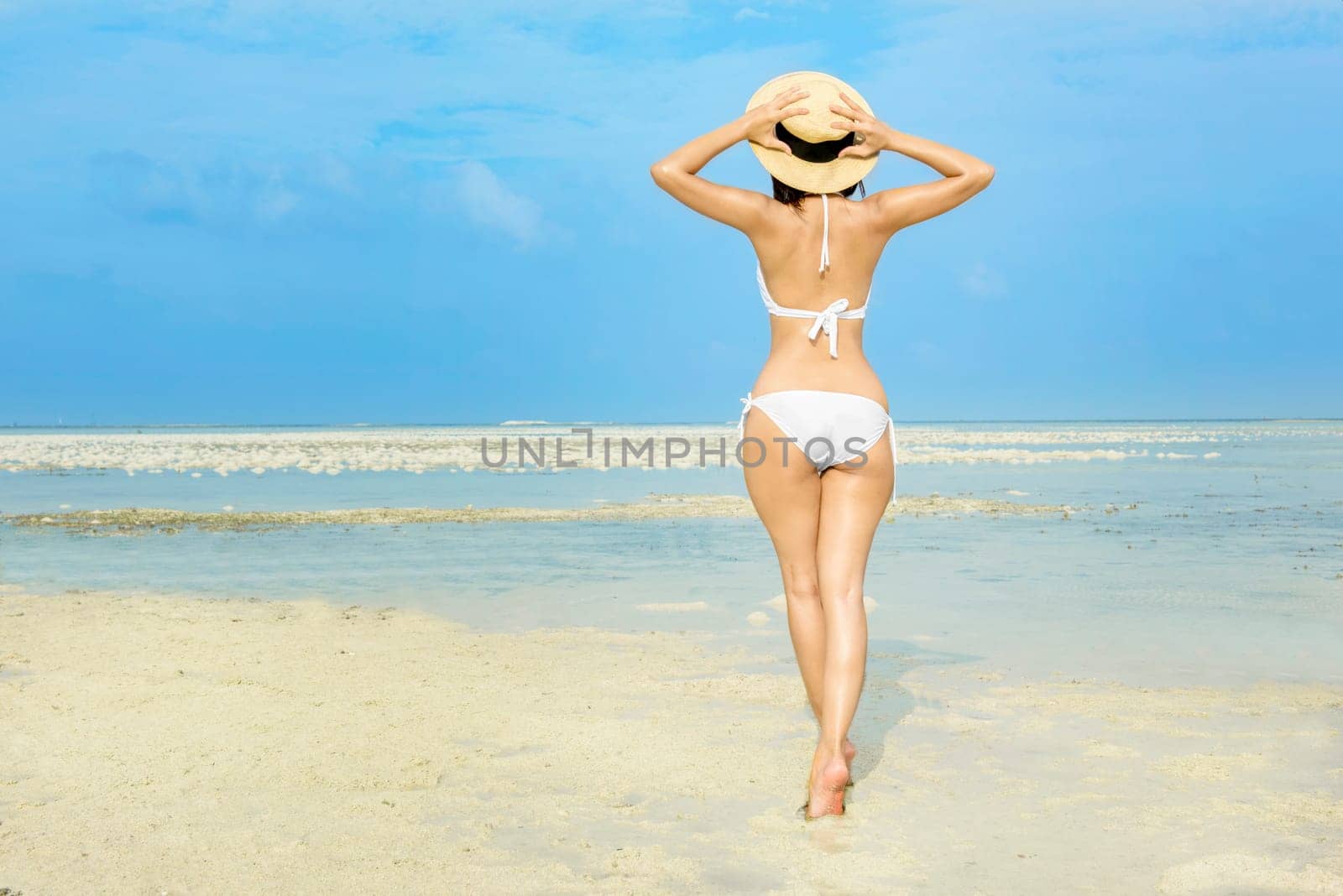 Rear view of asian sexy girl with hat and bikini on the beach. Summer vacation