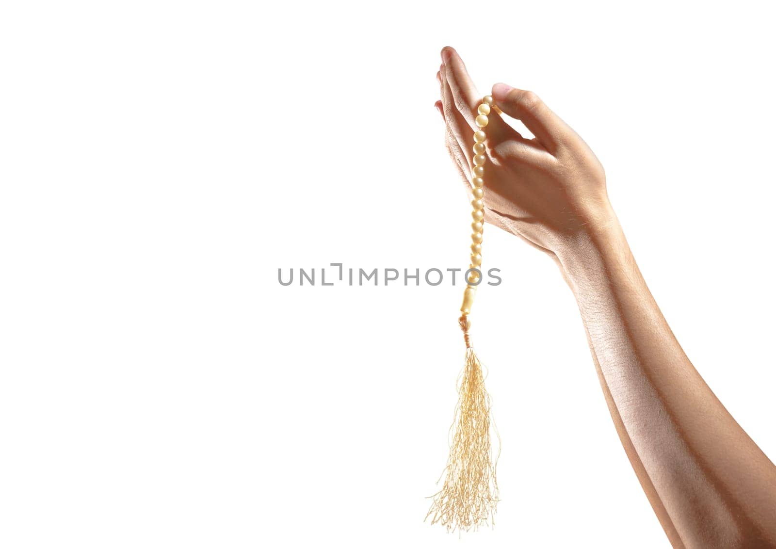 Muslim hands praying with prayer beads isolated over white background.