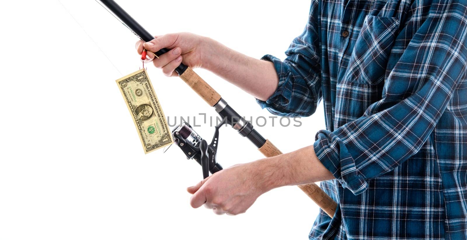 man with fishing rod and money in blue plaid shirt in front of white background