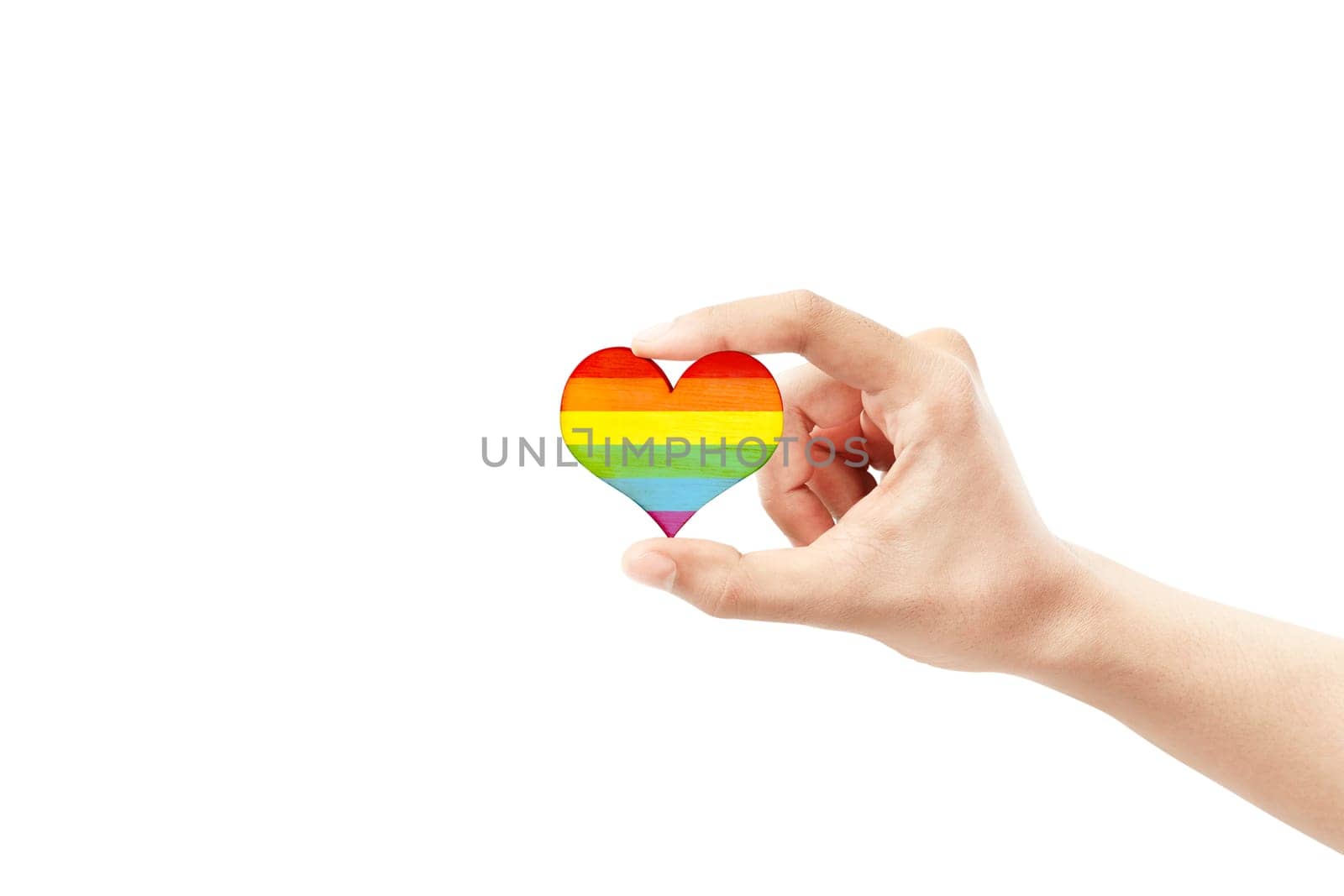 Human hands showing heart with rainbow flag as a symbol of LGBT isolated over white background