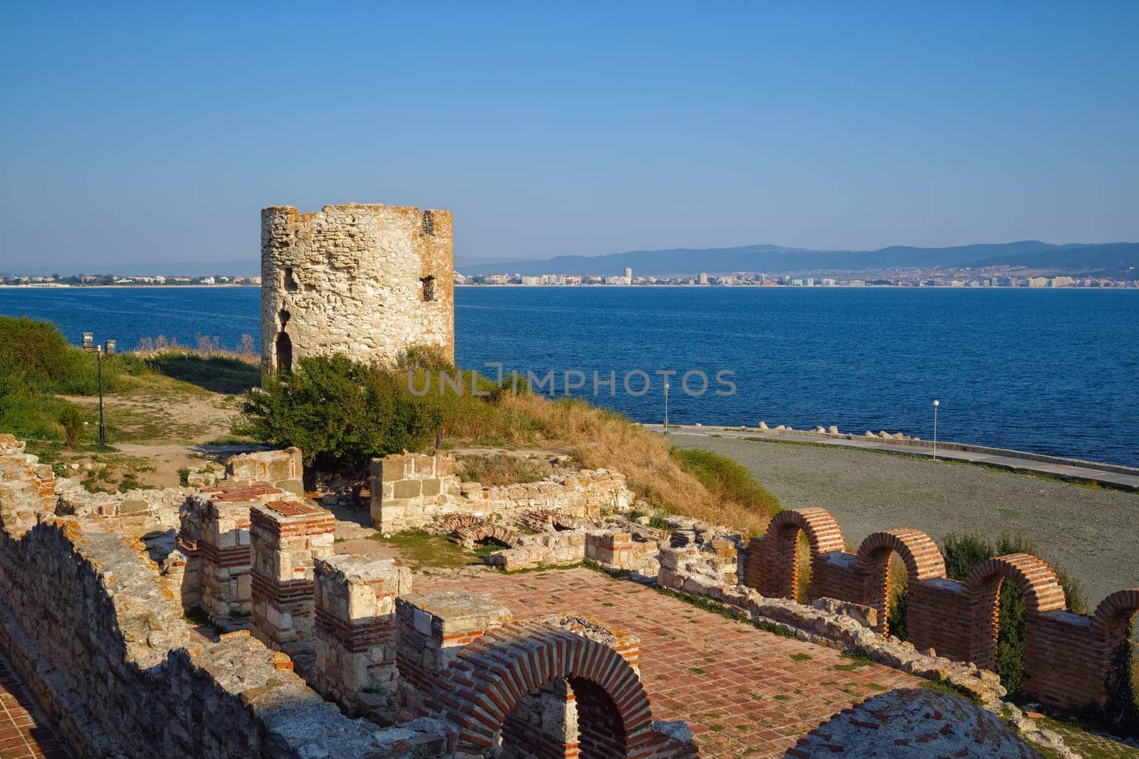 Nesebar, Bulgaria - September 10, 2014: Watchtower in old town of Nessebar. Bulgarian Black sea coast on a sunny summer day.