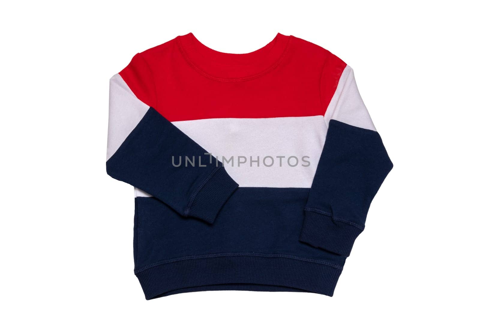 Spring and autumn children clothes. A red white blue striped cozy warm sweater or pullover isolated on a white background. Winter fashion for child boy.