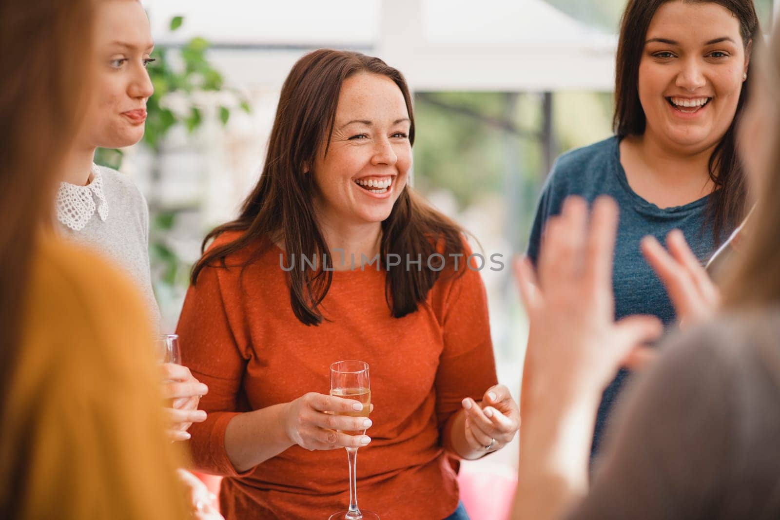 Small group of female friends celebrating at a house party. They are enjoying a glass of champagne, laughing and smiling.