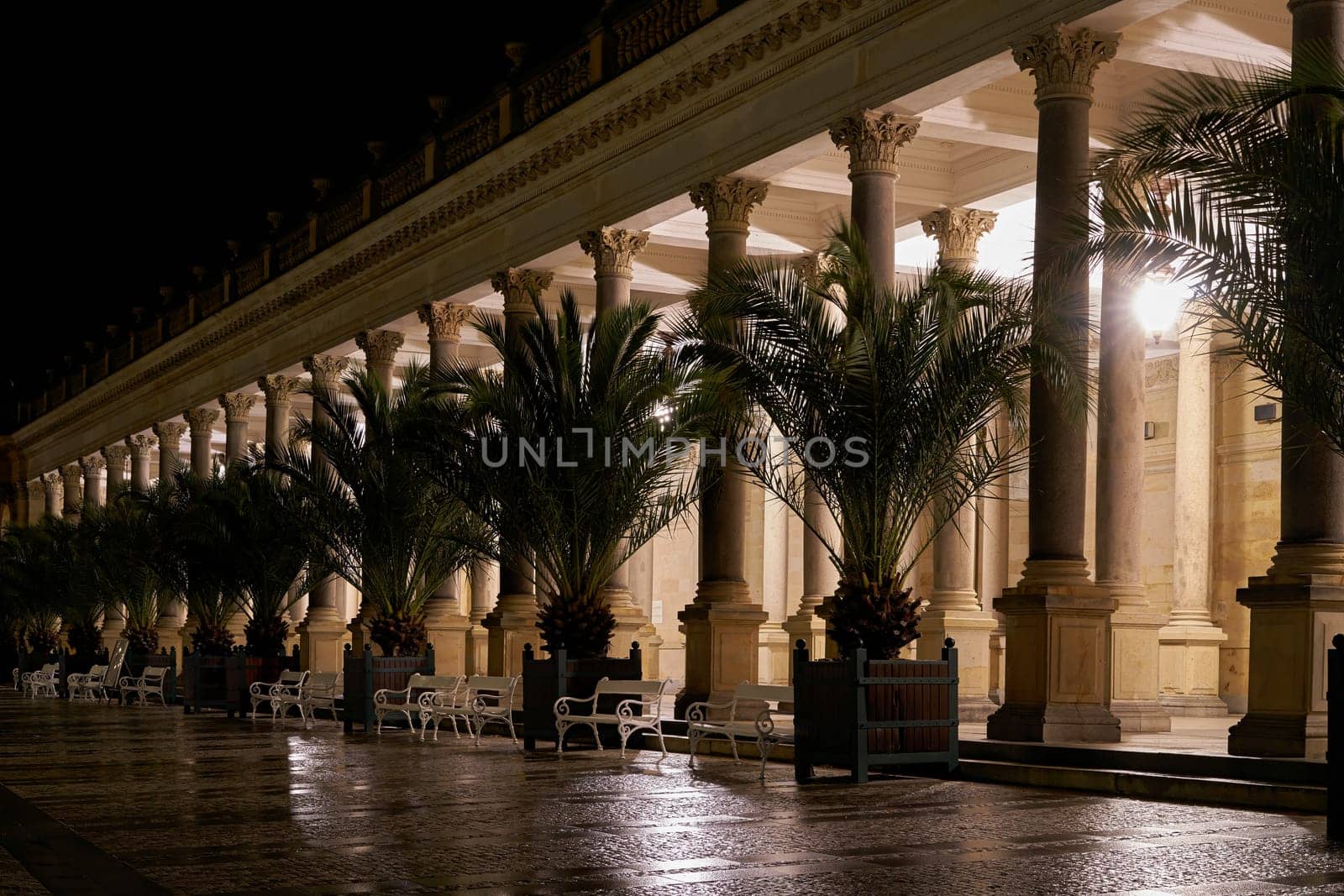 Mill Colonnade in the old town of Karlovy Vary, in the Czech Republic at night