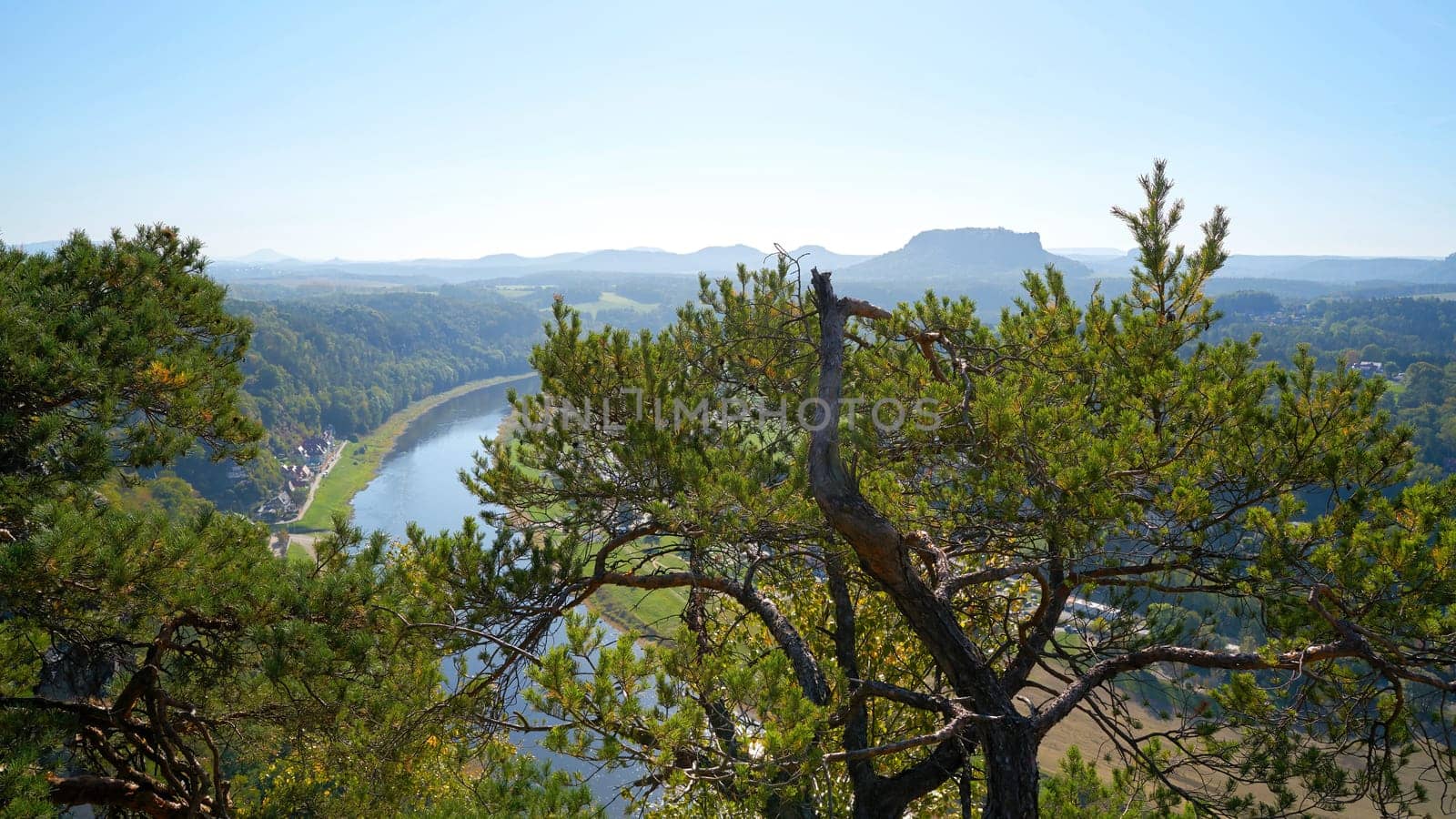 View from the rock formation Bastei in the Elbe Sandstone Mountains to the valley of the Elbe