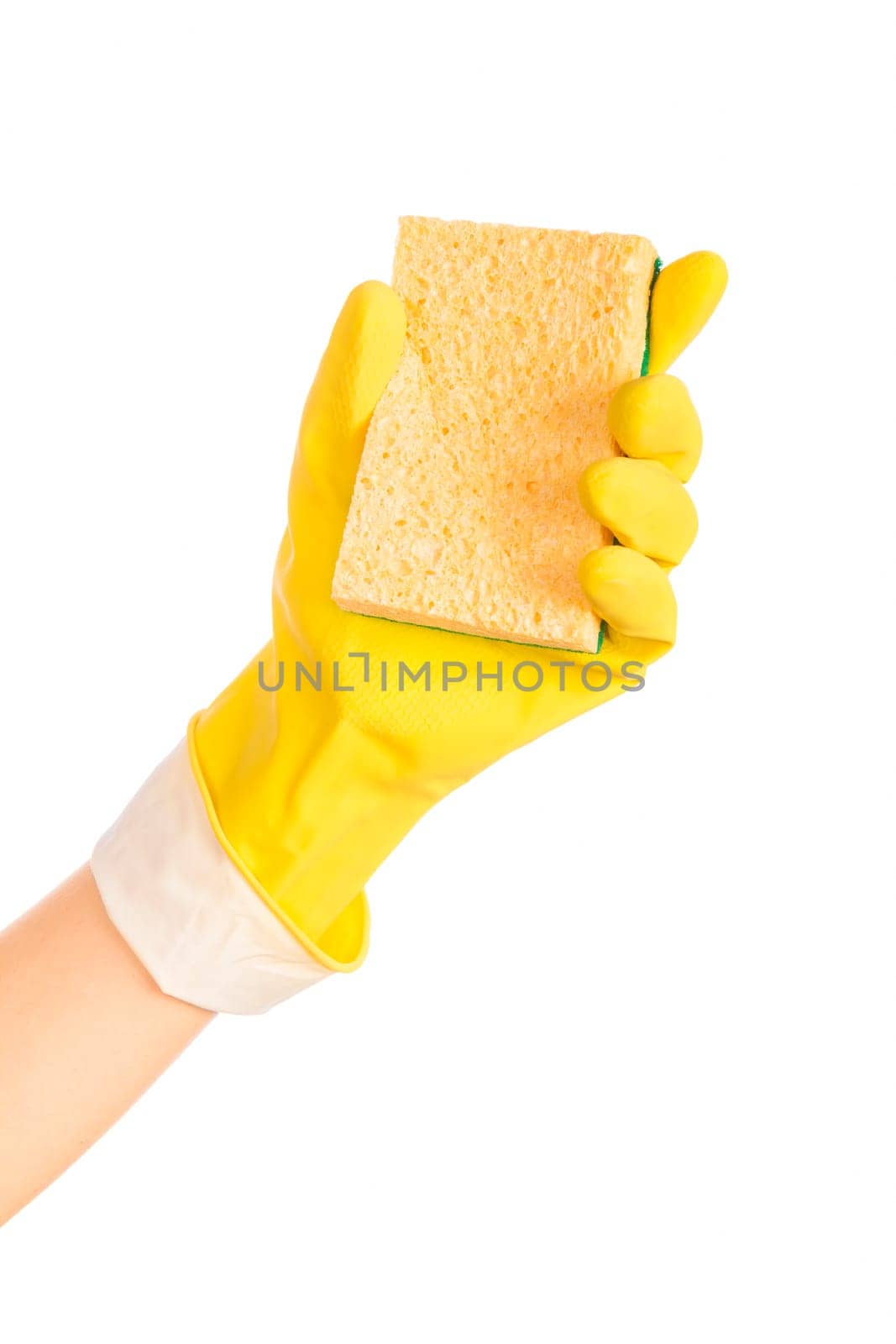 Woman hand with rubber glove and cleaning sponge on white background