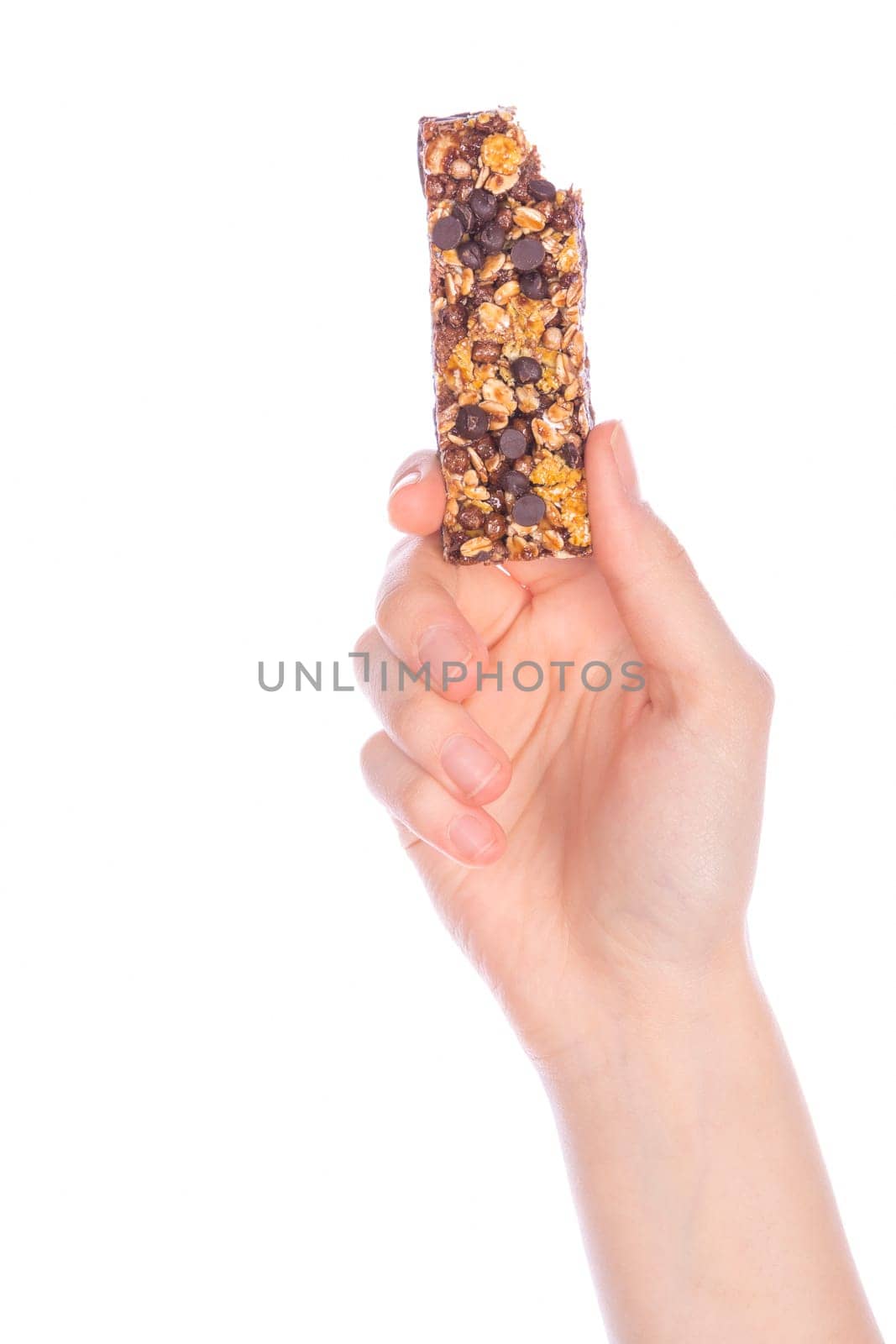 Woman holding grain cereal bar on white background healthy snack
