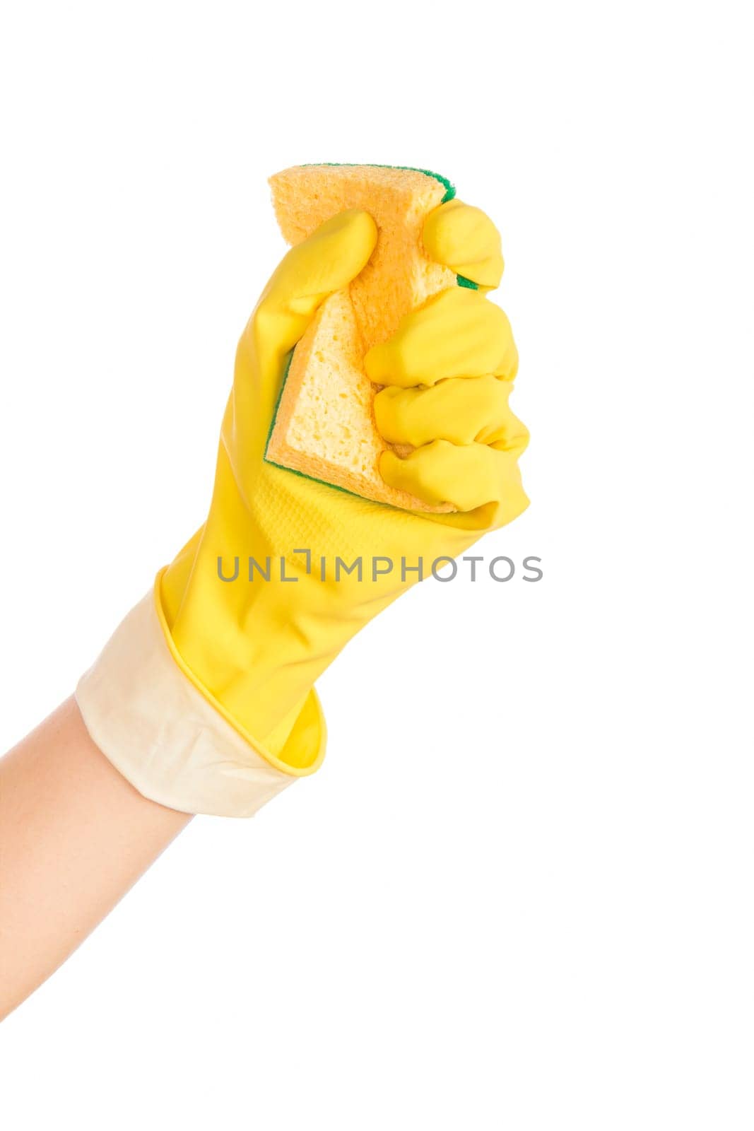 Woman hand with rubber glove and cleaning sponge on white background