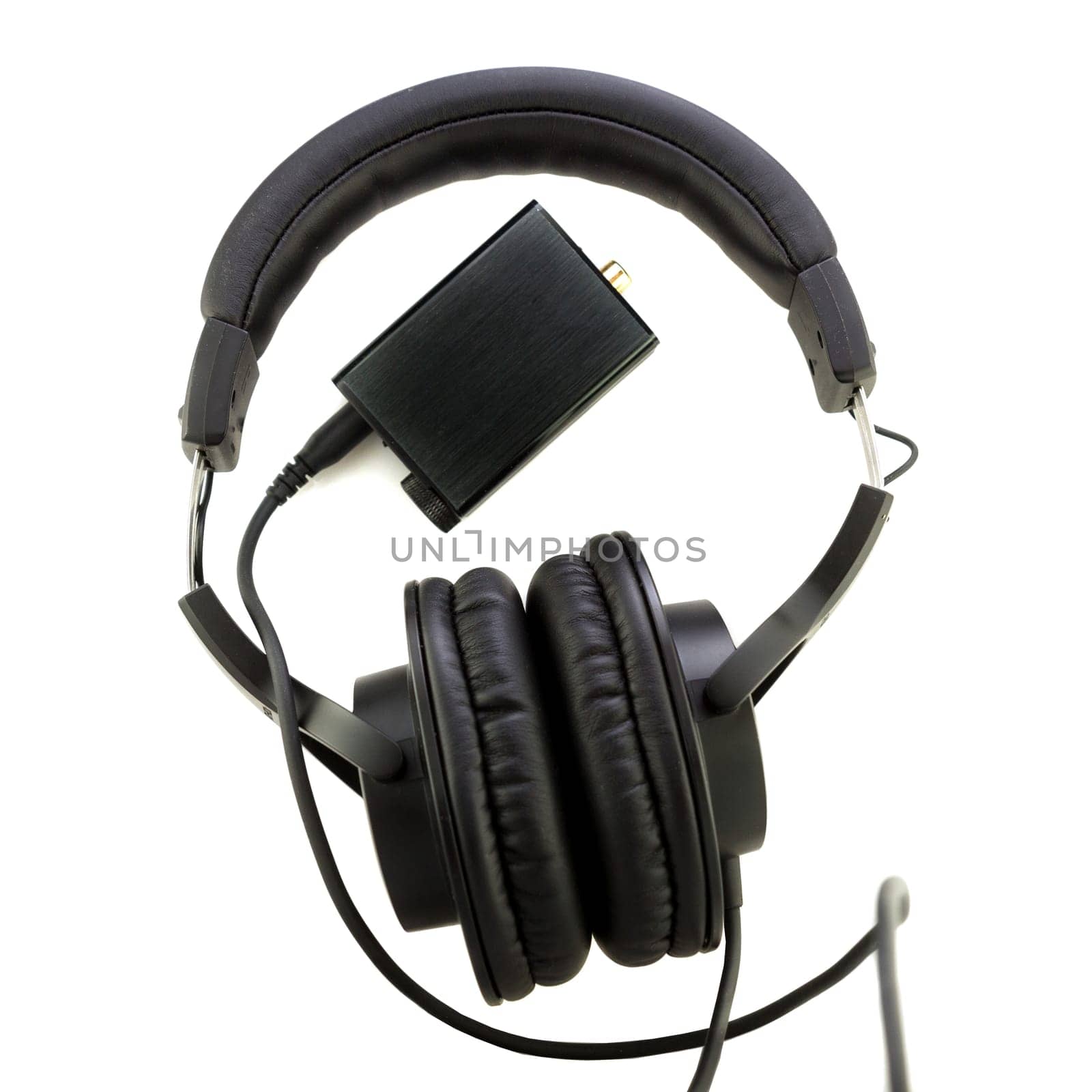 professional studio headphones and digital analog converter or DAC on white background
