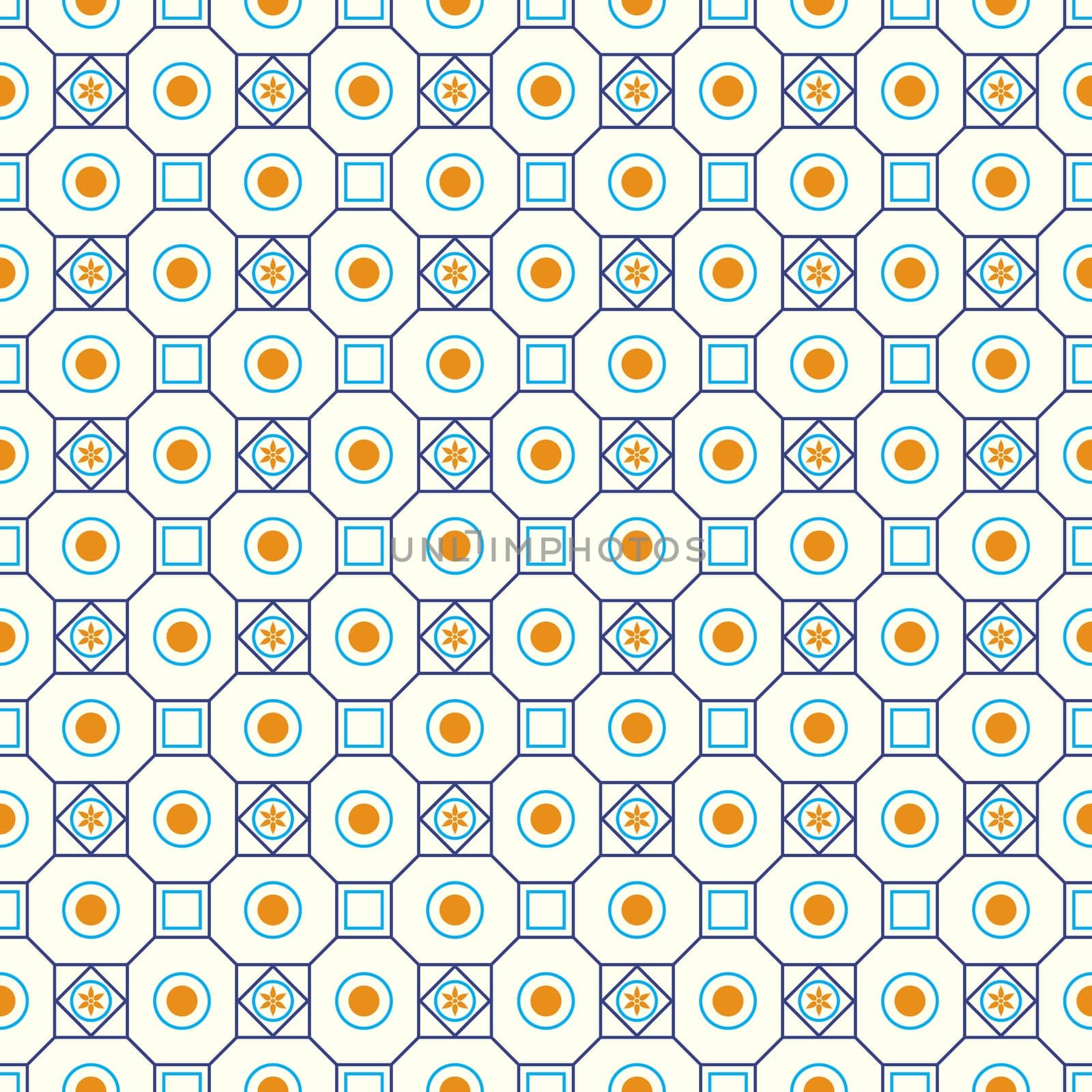 Blue classic blossom and square and circle seamless pattern on pastel background. Vintage and classic bloom pattern for retro and old design.