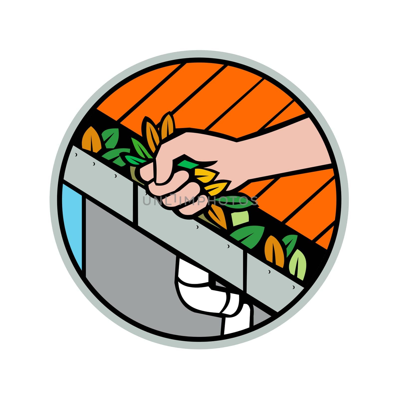 Icon retro style illustration of a hand cleaning a roof gutter, guttering, rain gutter, eavestrough or surface water collection channel clogged with leaves set inside circle on isolated background.