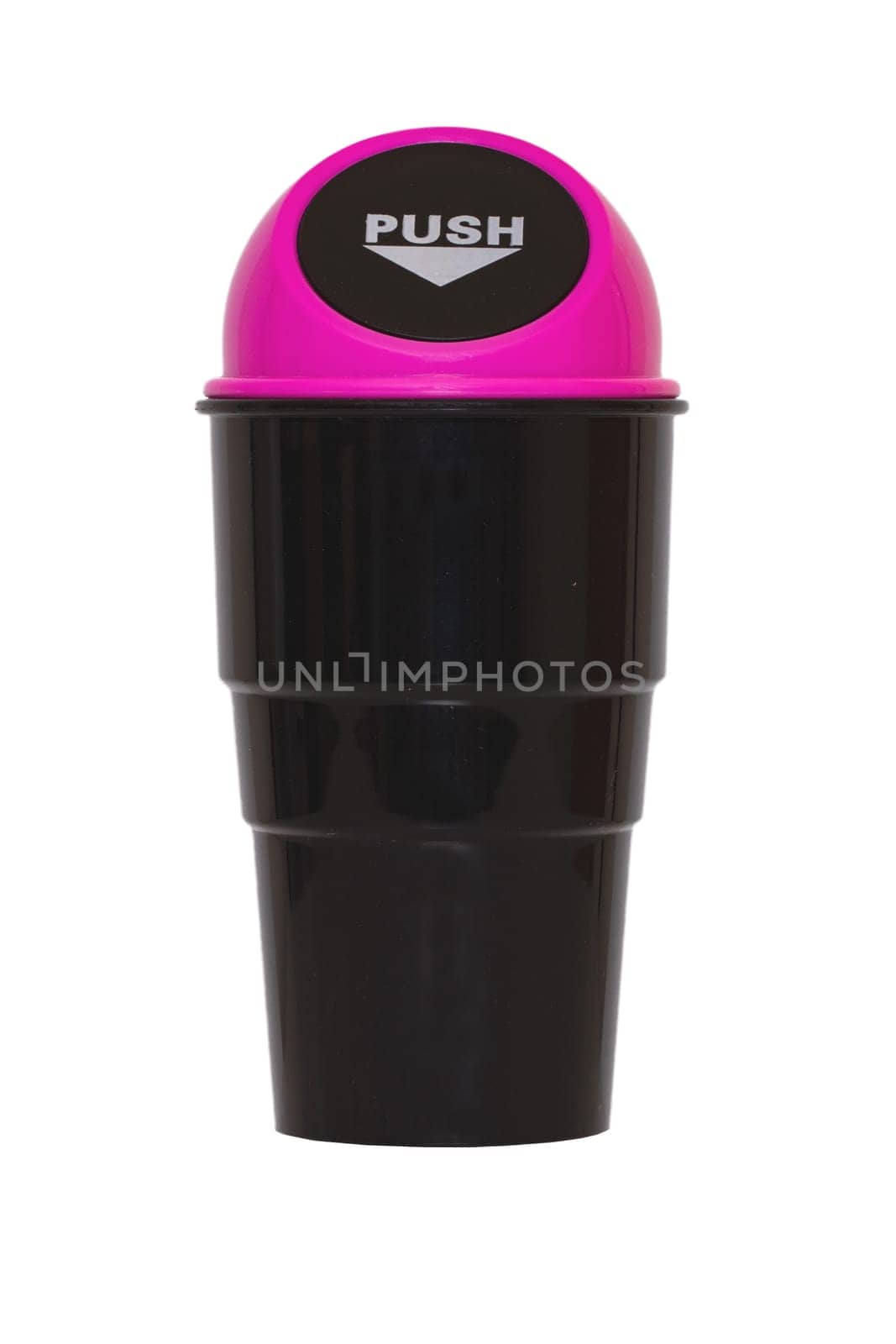 Garbage bins isolated. Closeup of a black plastic trash can bin with pink push-in cover with the push symbol isolated on a white background. Macro.