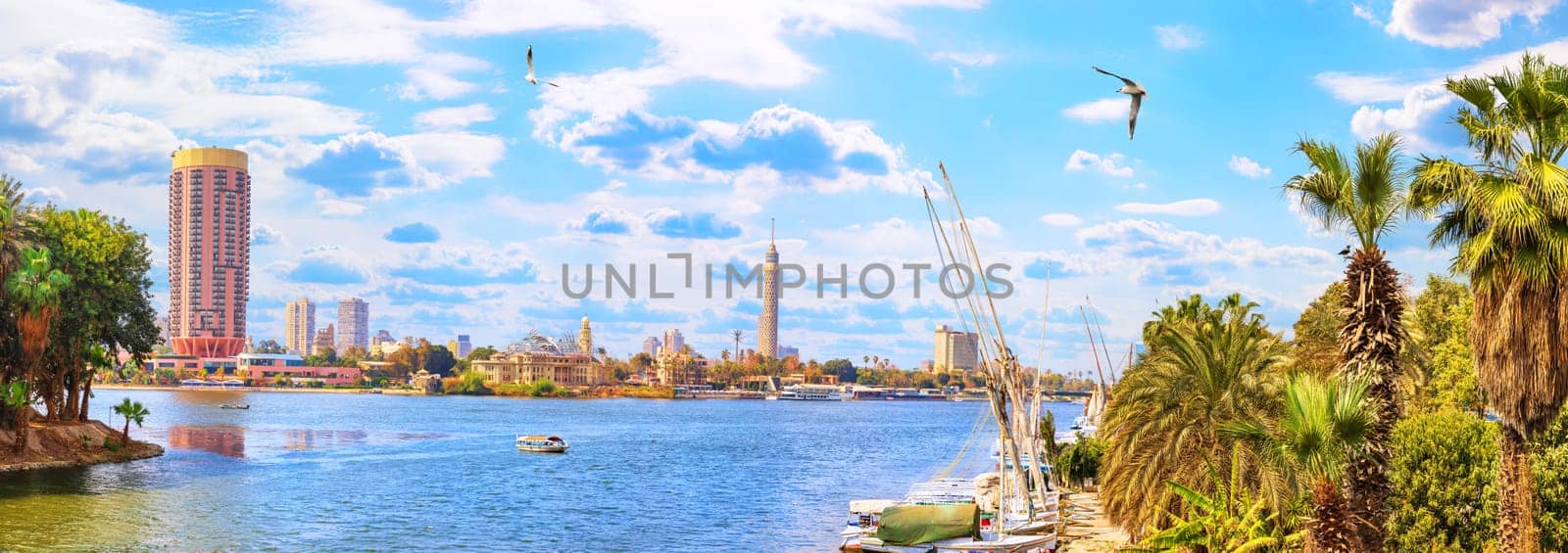 Panoramic view on the Nile and the Cairo Tower from the harbour.