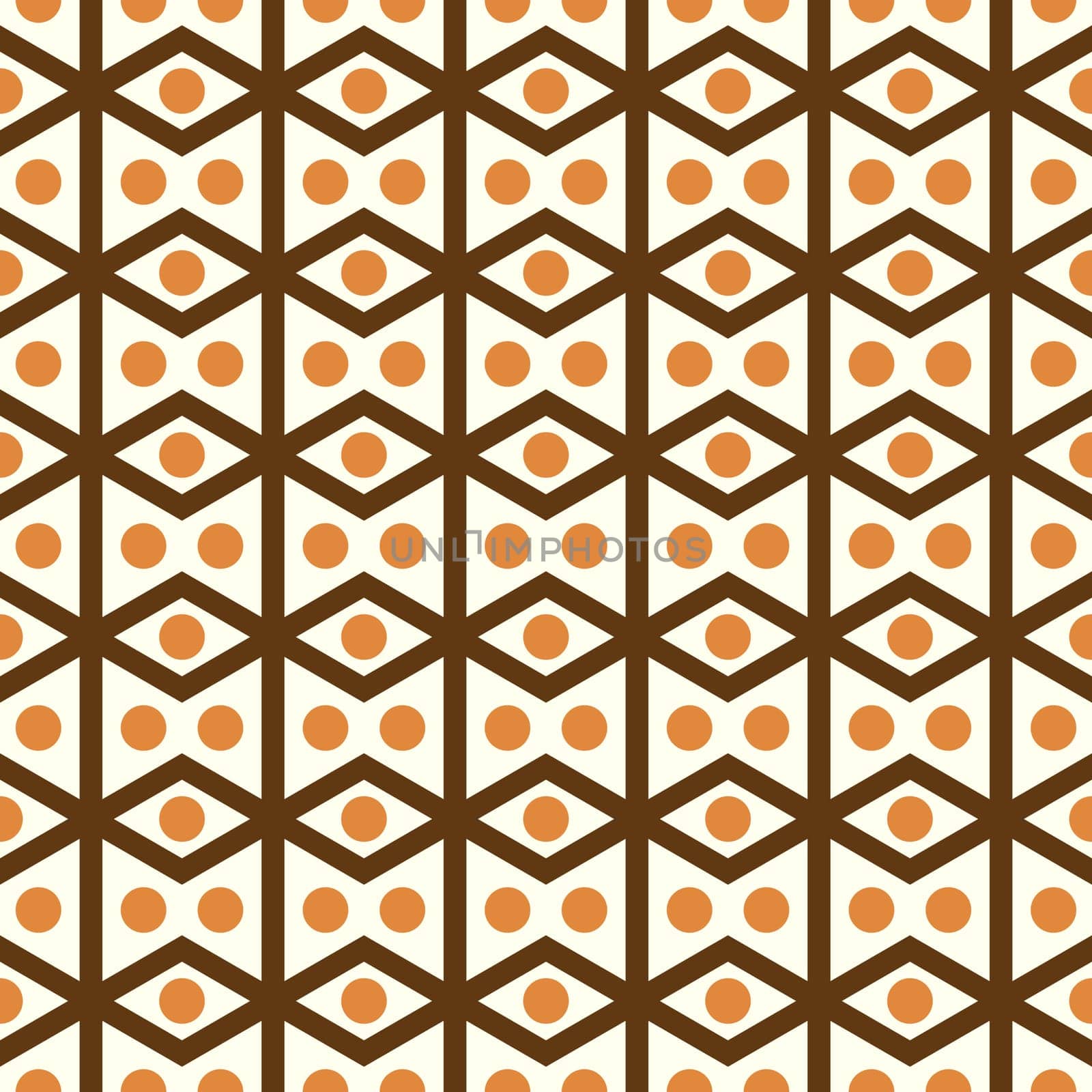 Brown rhombohedron or parallelogram pattern on pastel background. Retro rhomboid and circle seamless pattern style for classic or modern design