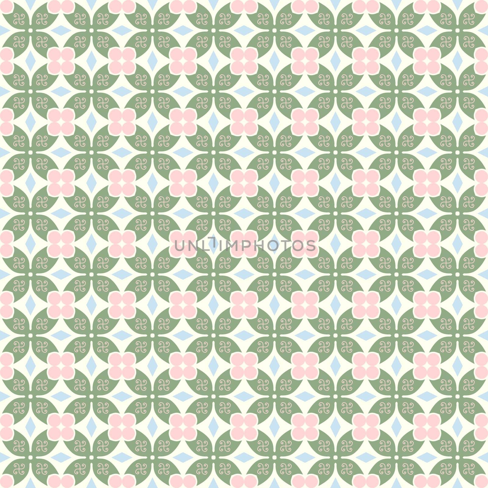 Green sweet claw of crab and circle and spiral and triangle pattern on pastel background. Vintage and modern seamless pattern style for retro or classic design
