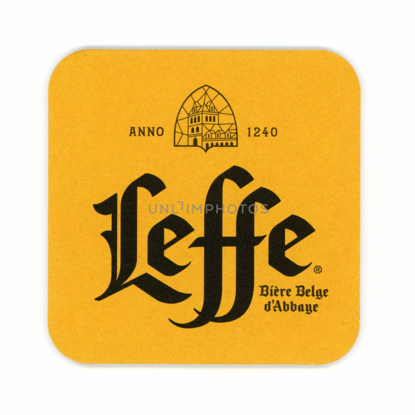 BRUSSELS, BELGIUM - CIRCA MAY 2019: Beermat of Belgian beer Leffe