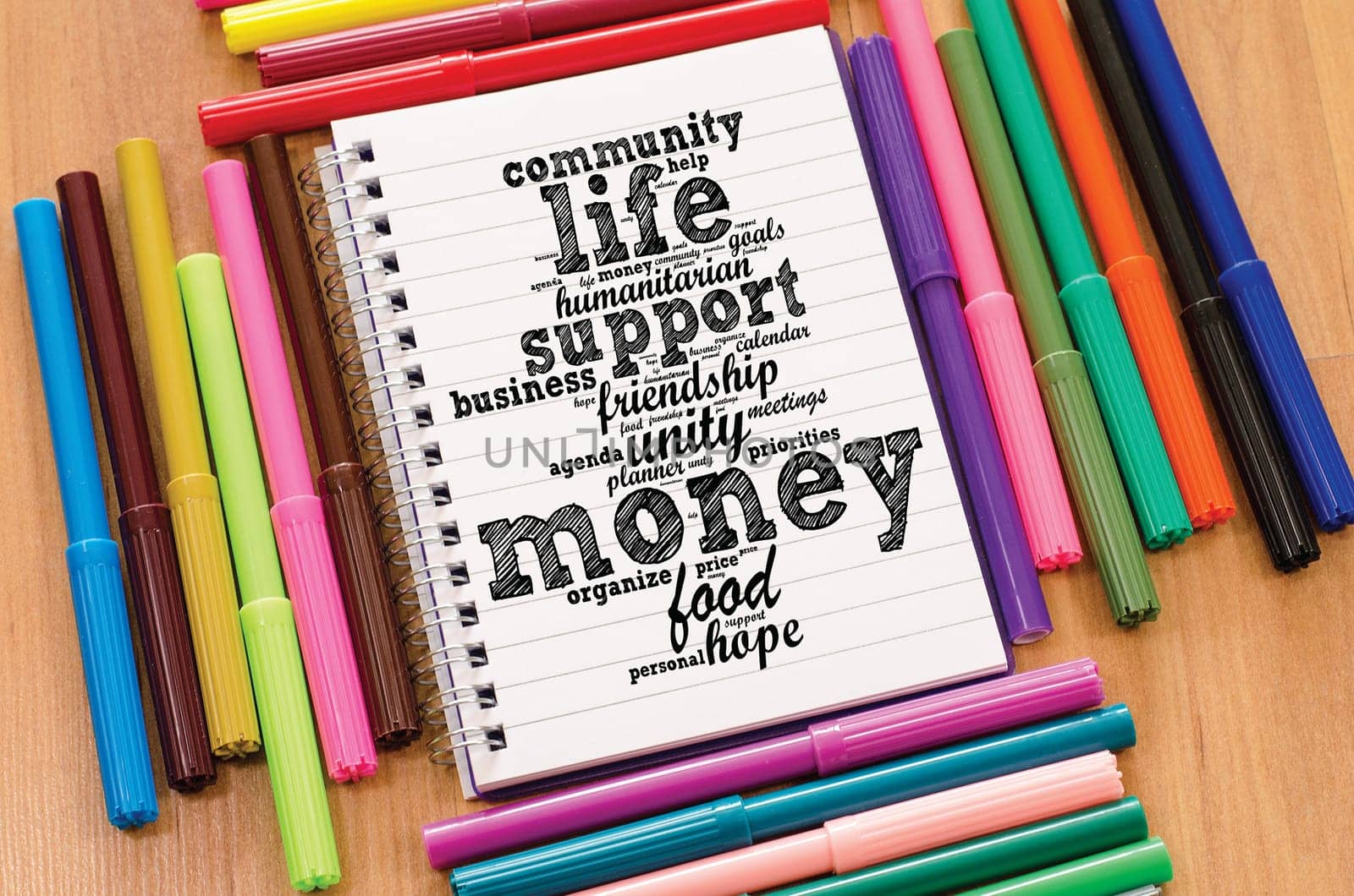 Money word cloud business concept over notepad background.