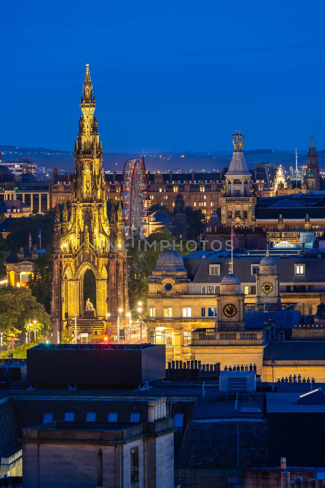 Edinburgh Cityscape from Calton Hill sunset dusk, Edinburgh, Scotland UK