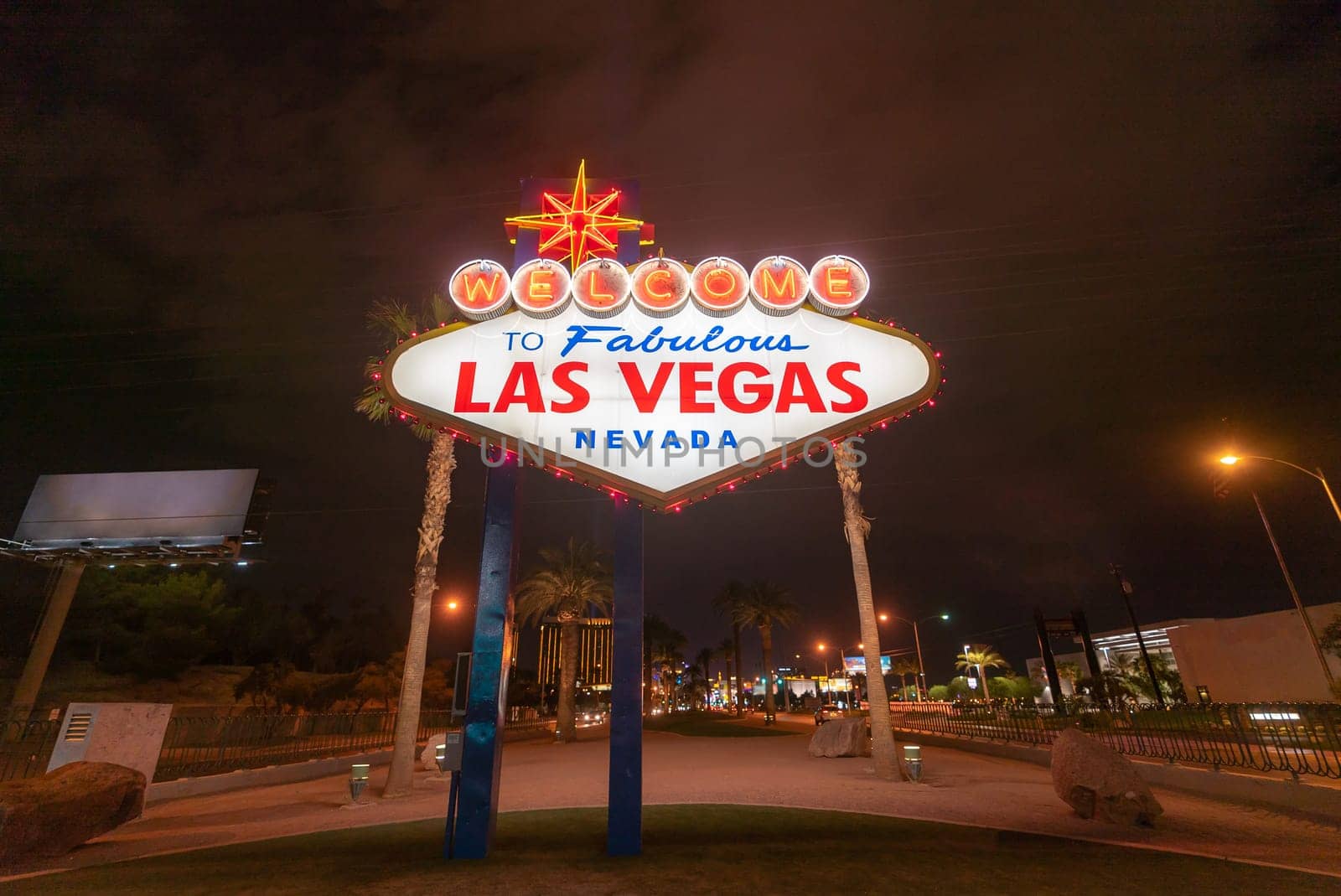 Famous Las Vegas sign at night in Las Vegas city, Nevada, USA