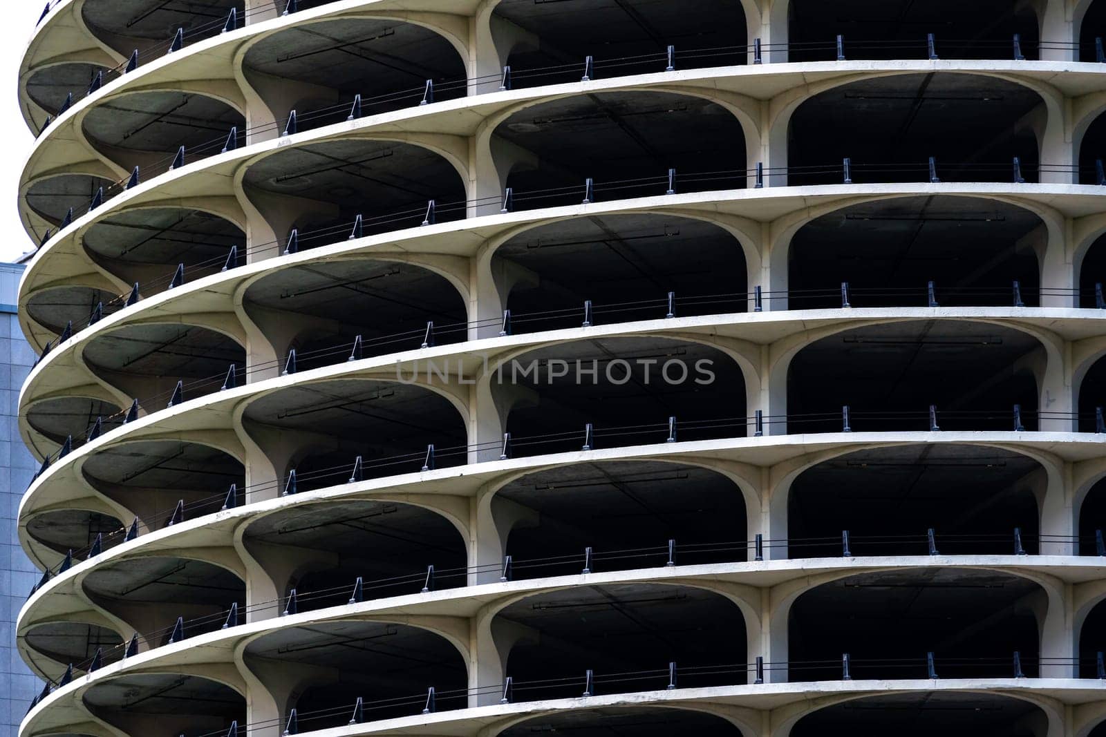 Exterior of parking lot building skylines in Chicago IL USA