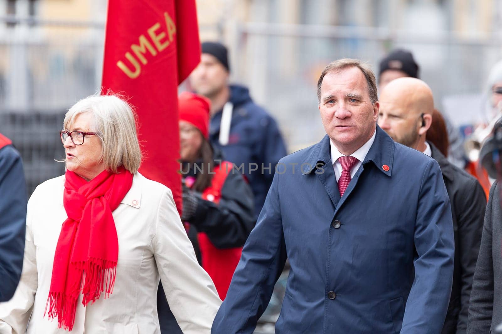 UMEA, SWEDEN - MAY 1, 2019 - Stefan Löfven Prime Minister of Sweden walking through the streets on 1st of May parade in Umeå.