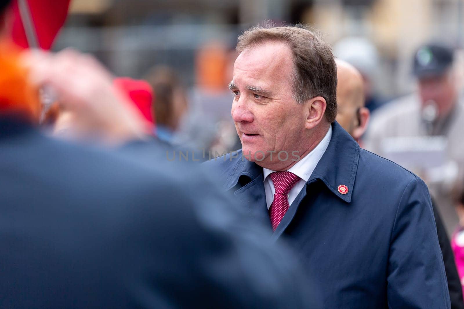 UMEA, SWEDEN - MAY 1, 2019 - Stefan Löfven Prime Minister of Sweden walking through the streets on 1st of May parade in Umeå.