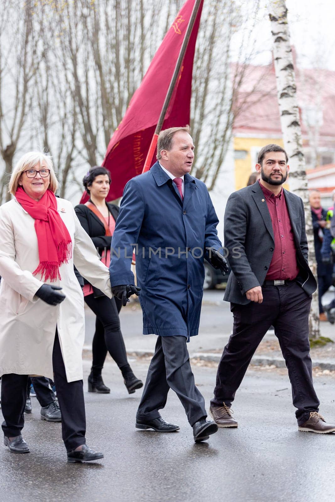 UMEA, SWEDEN - MAY 1, 2019 - Stefan Löfven Prime Minister of Sweden walking through the streets on 1st of May parade in Umeå.