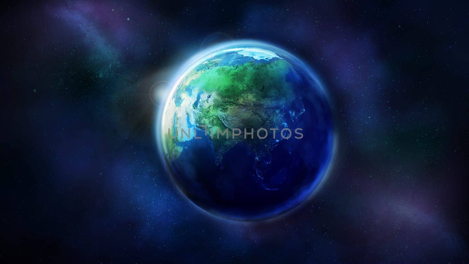 Realistic Earth from space showing Asia. Earth is half illuminated by the sun.
