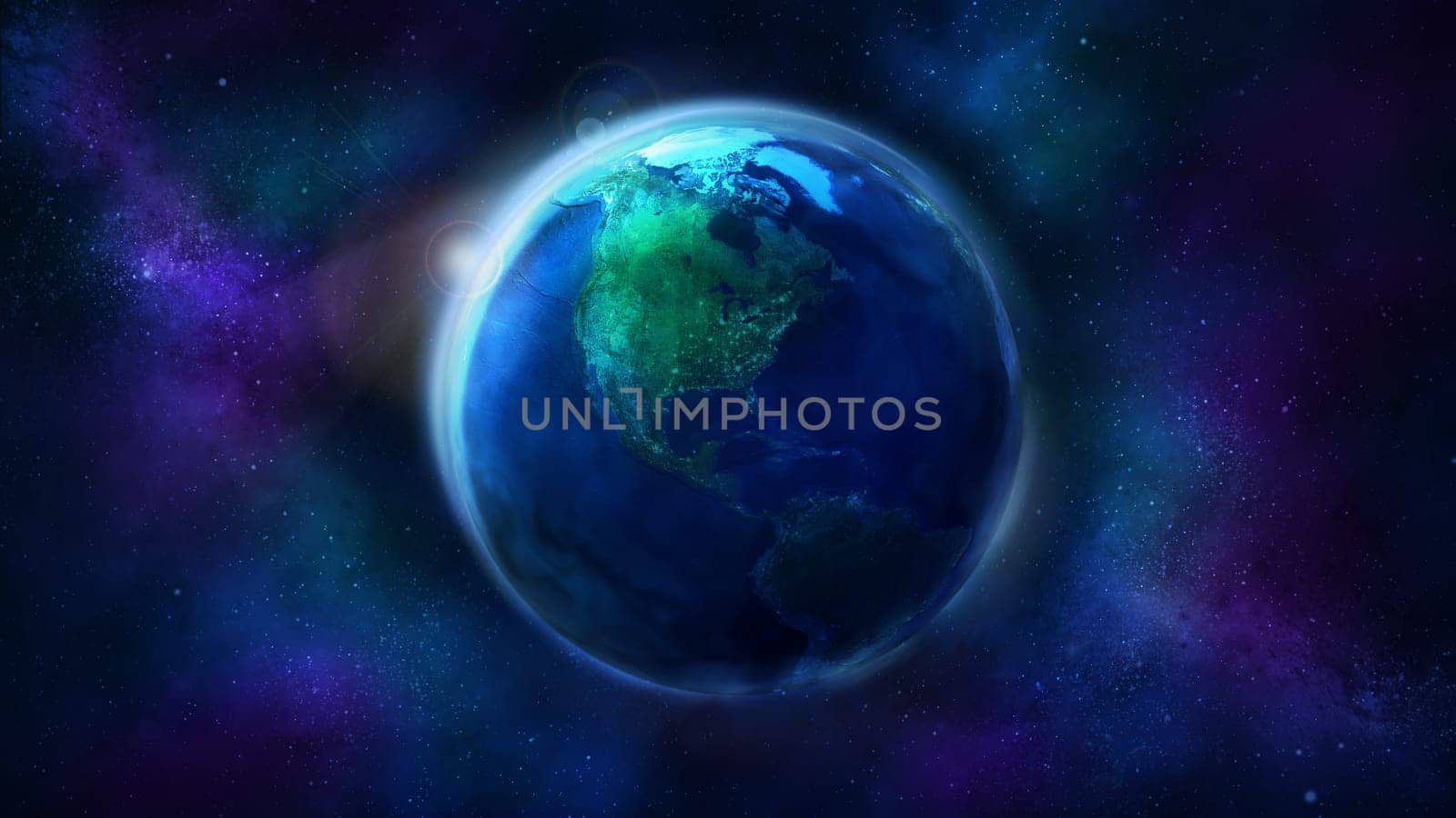Realistic Earth from space showing North and South America. Globe is half illuminated by the sun.