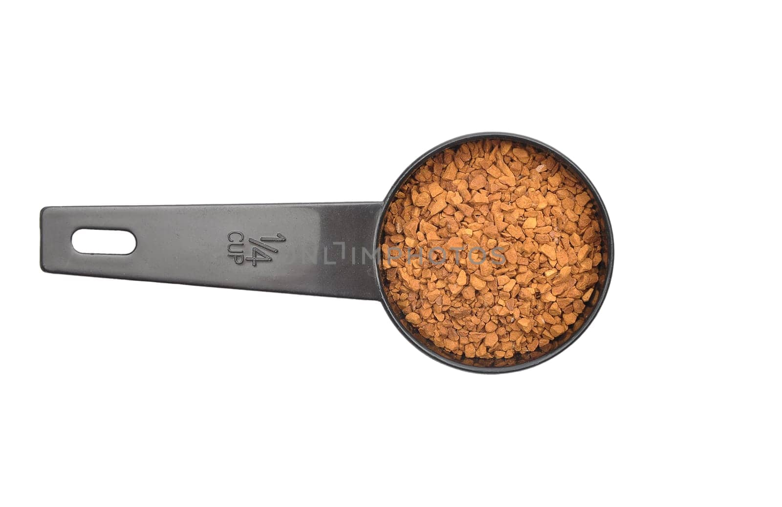 Instant Coffee with measuring spoon on white background