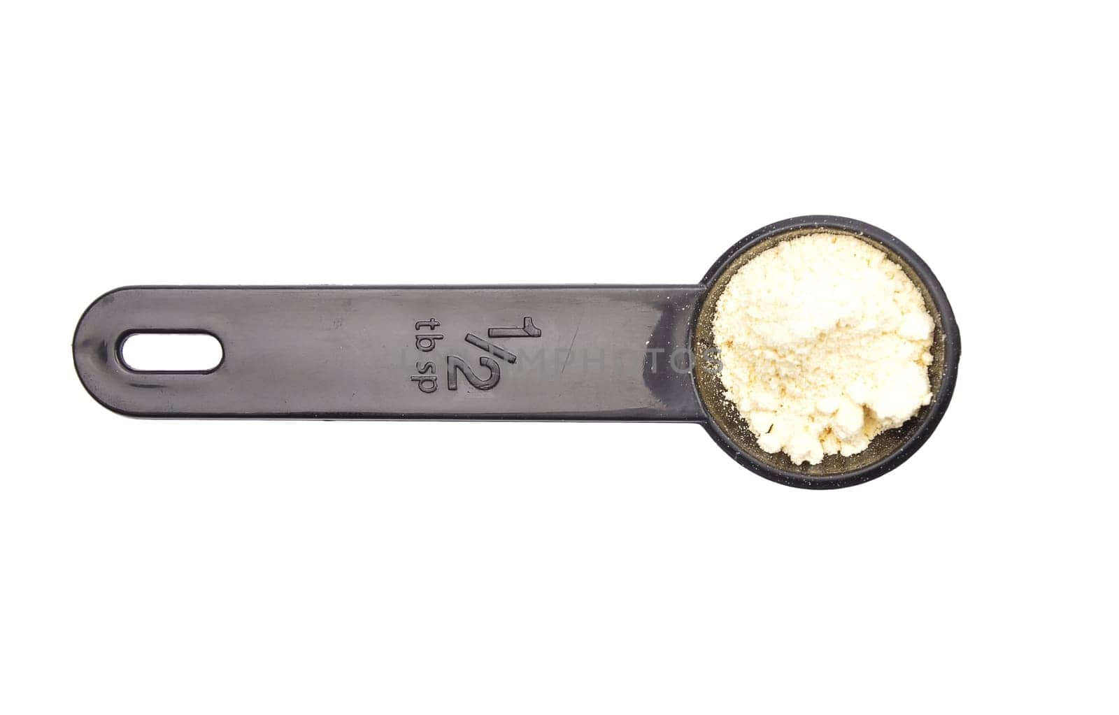 Lupin flour in measuring spoon on white background