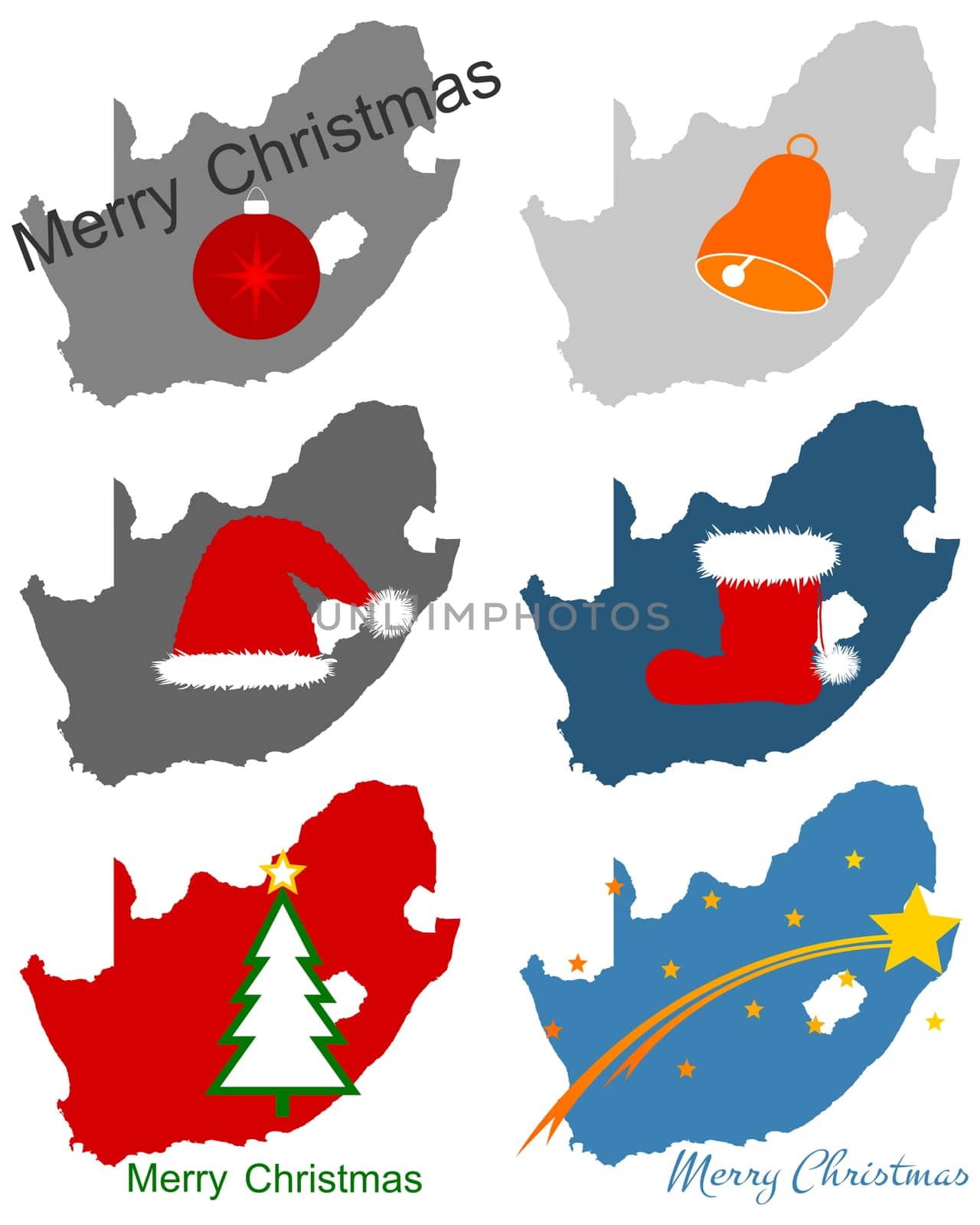 Karten von Südafrika mit Weihnachtssymbolen