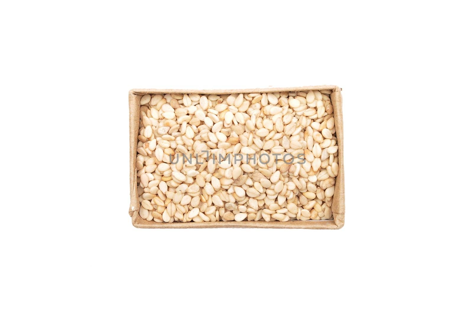 Sesame in small carton on white background