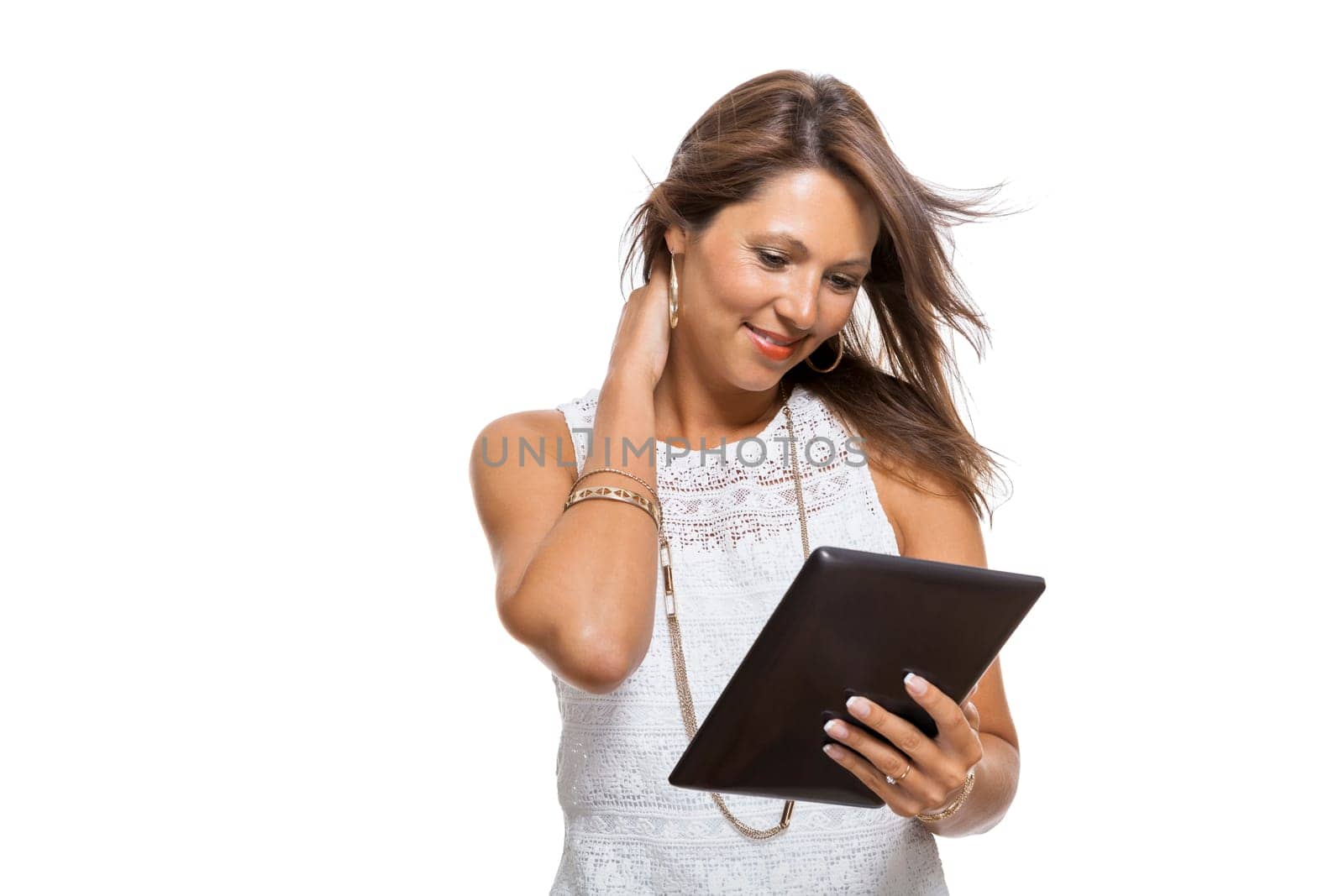 Young attractive woman with tablet PC for presentation with text space isolated on white background