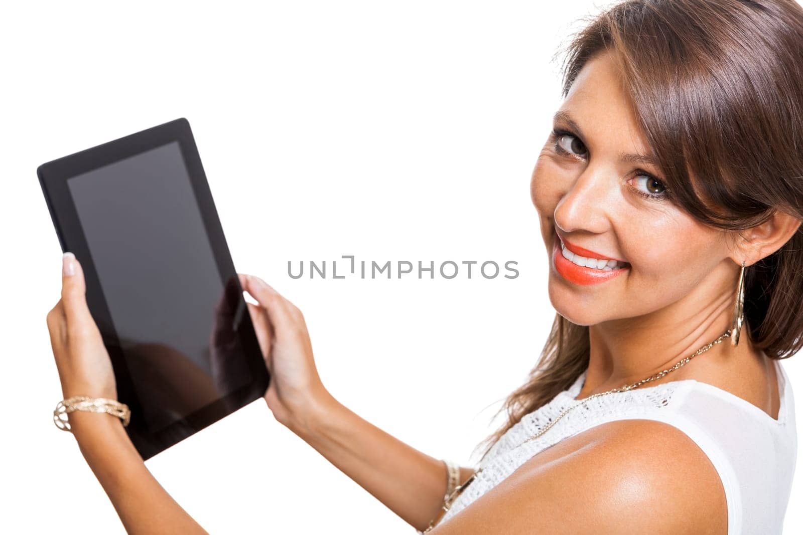 Young attractive woman with tablet PC for presentation with text space isolated on white background