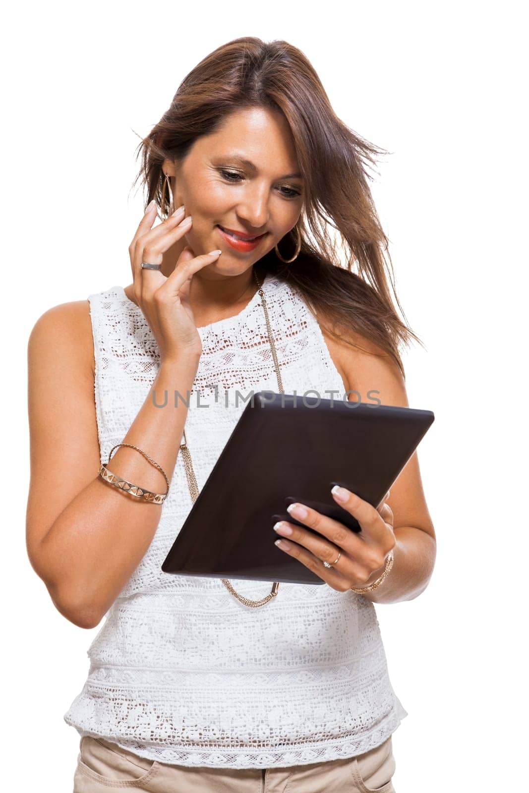 Young attractive woman with tablet PC for presentation with text space isolated on white background