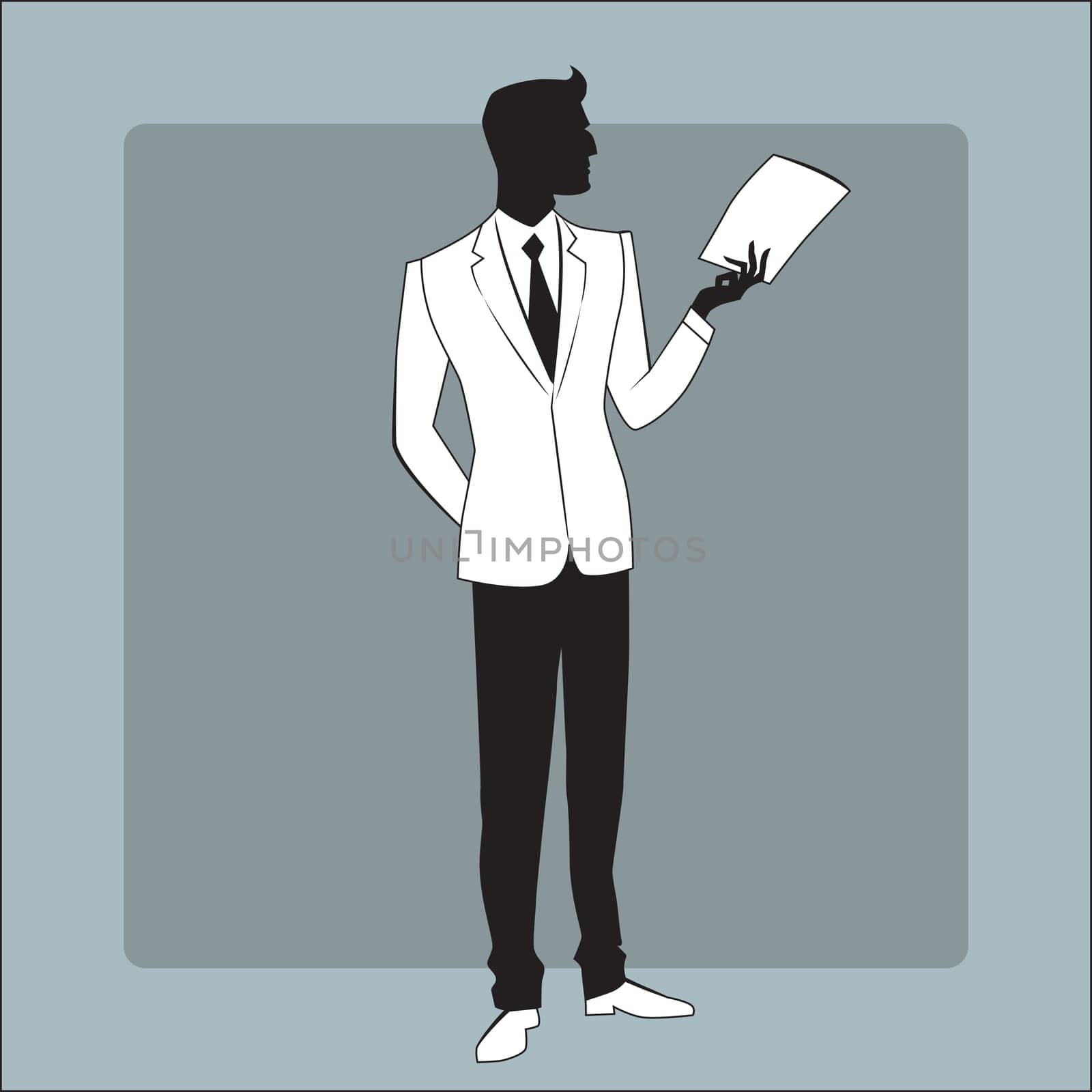 Businessman in modern clothes reads the report icon symbol