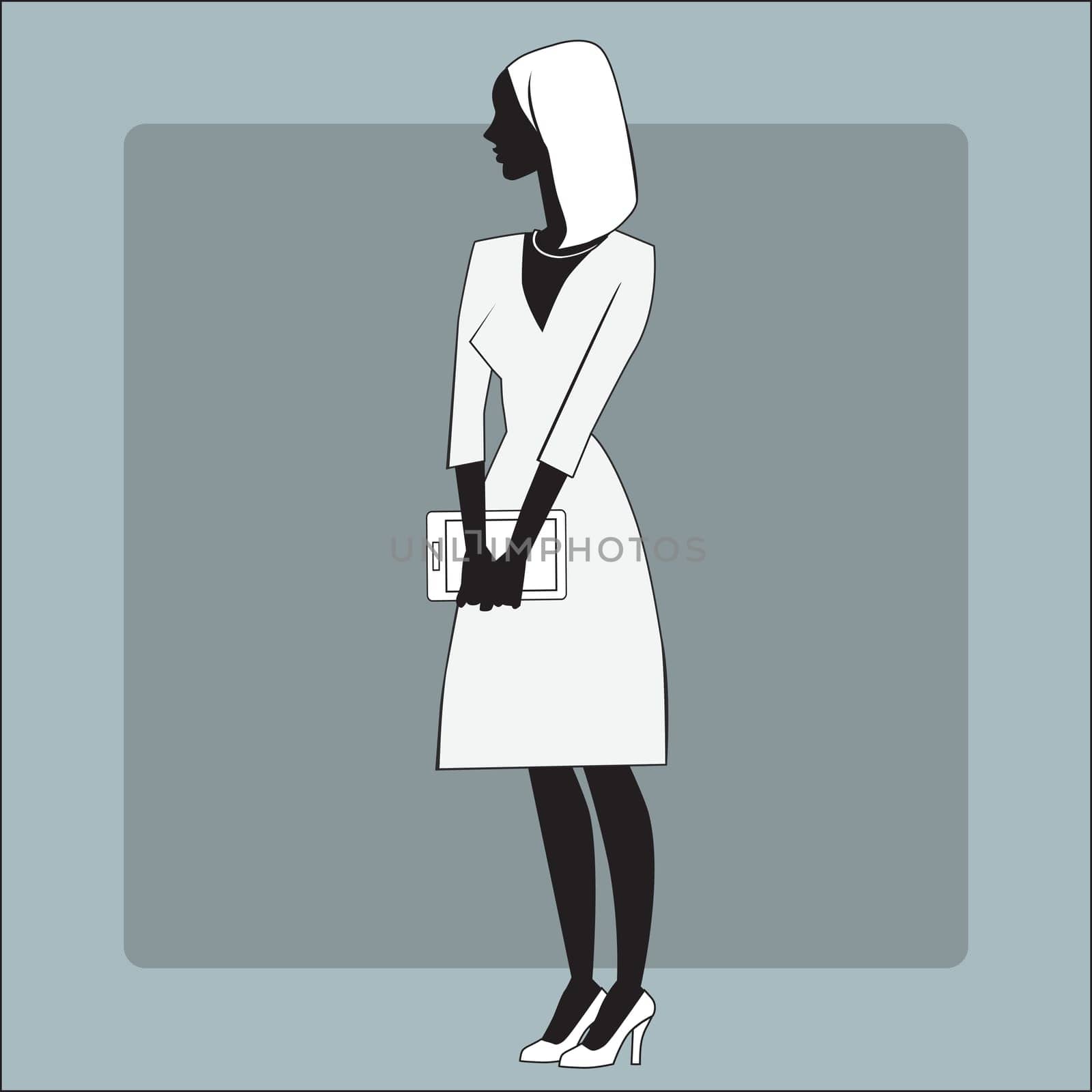 Modern businesswomen with gadget tablet computer in the hands in the office icon