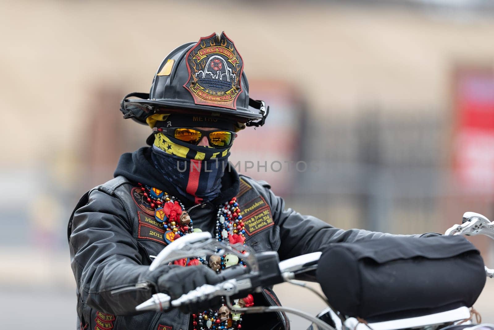 St. Louis, Missouri, USA - March 2, 2019: Bud Light Grand Parade, Members of Fire and Iron, motorcycle club going down 7th street