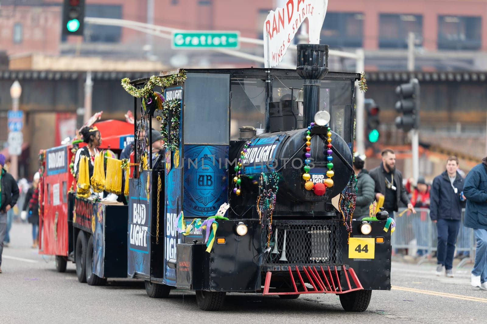 St. Louis, Missouri, USA - March 2, 2019: Bud Light Grand Parade, A street train promoting Bud Light going down 7th street during the parade