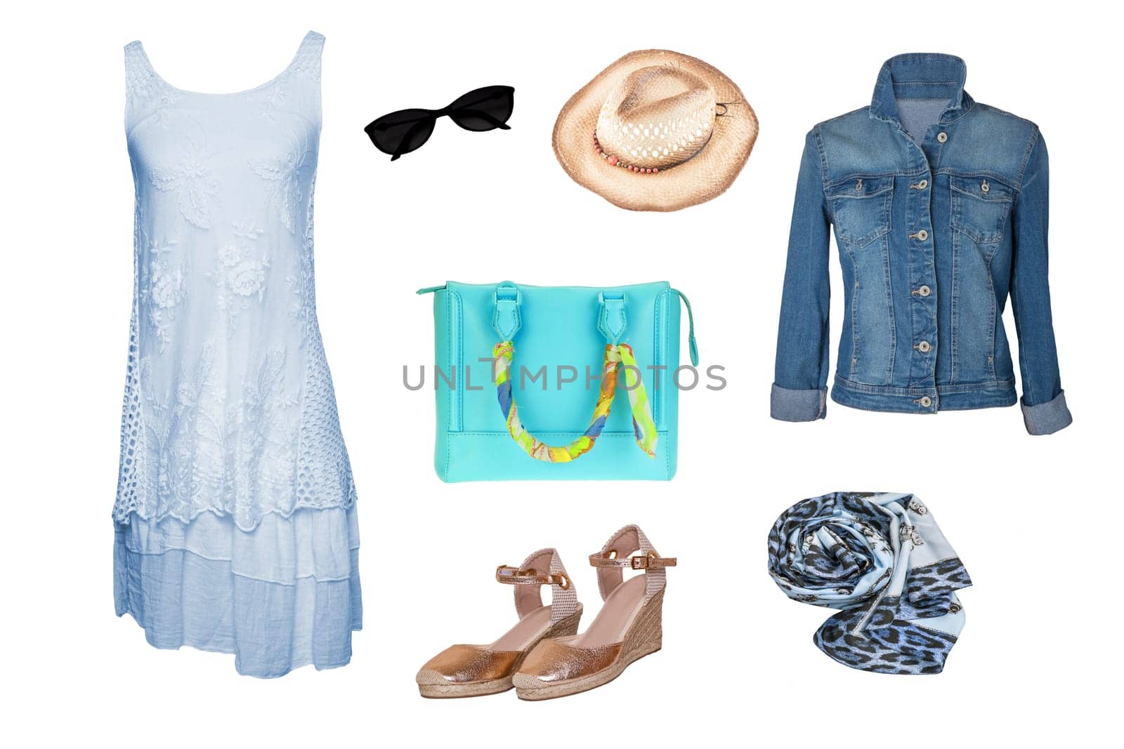 Collage woman clothes. Set of stylish and trendy women jeans jacket, a blue dress, golden shoes, a handbag and other accessories isolated on a white background. Latest fashion trends.