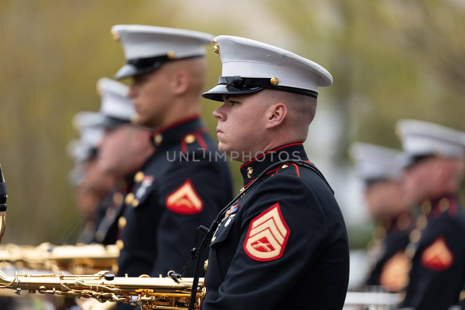 Wilmington, North Carolina, USA - April 6, 2019: The North Carolina.Azalea Festival, Members of the United States Marine Corps marching band performing at the parade