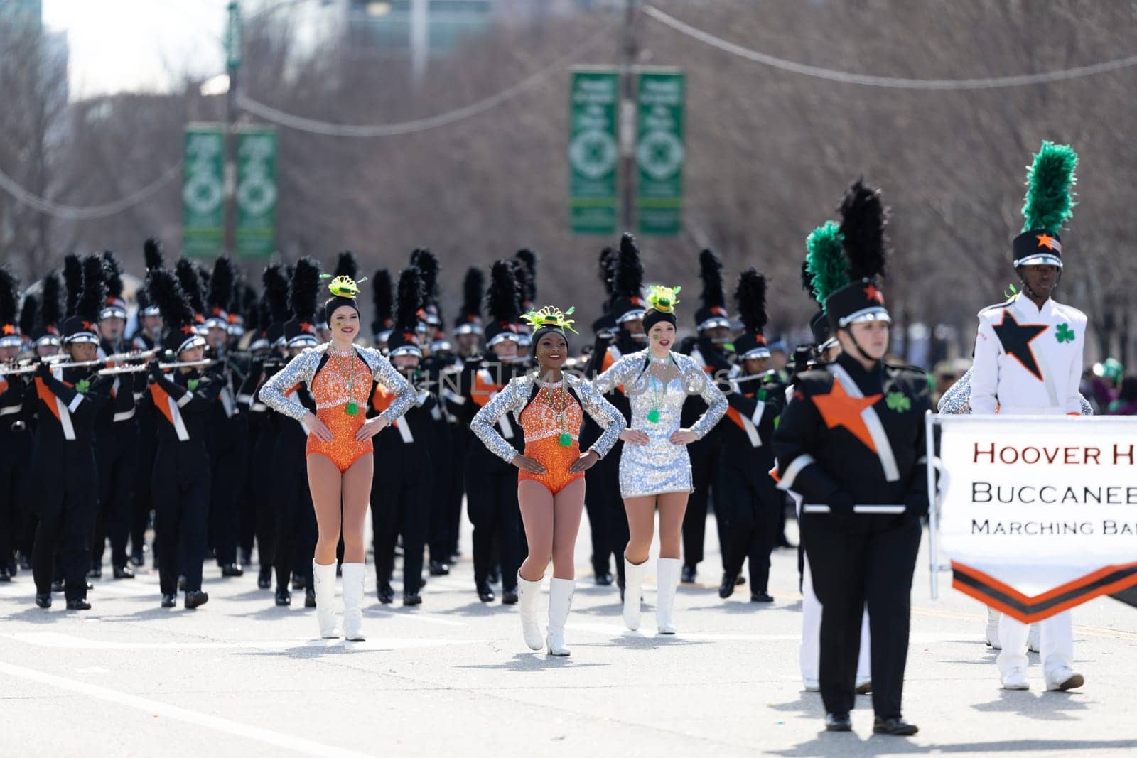 Chicago, Illinois, USA - March 16, 2019: St. Patrick's Day Parade, The Hoover High School Marching Band Performing at the parade
