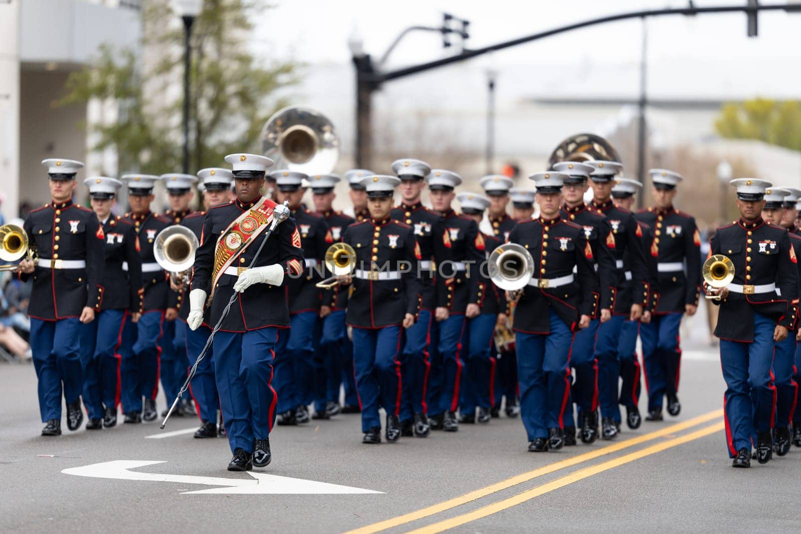 Wilmington, North Carolina, USA - April 6, 2019: The North Carolina.Azalea Festival, Members of the United States Marine Corps marching band performing at the parade