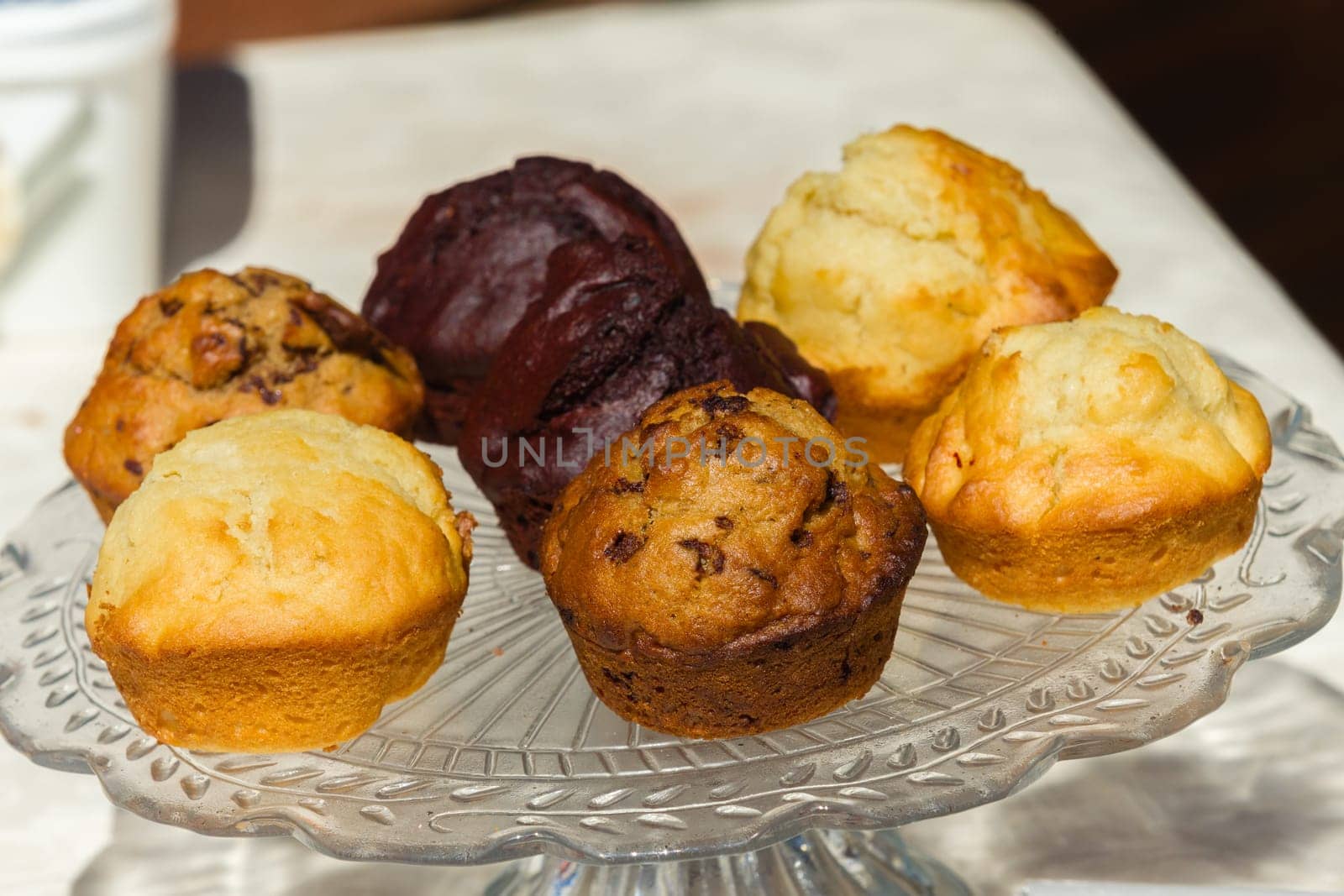 Muffins cookies on tray closeup food desert treat flavors closeup outdoors