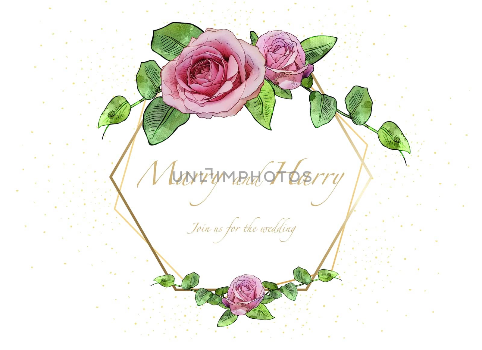Floral Wedding Invitation Card with Watercolor Roses with Leafs and Golden Decoration - Colored Illustration