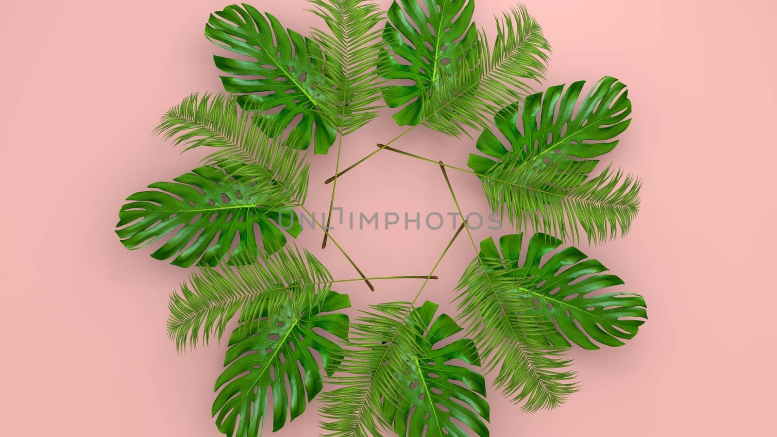 Realistic palm leaves on Coral Living background for cosmetic ad or fashion illustration. Tropical frame exotic banana palm. 3D render