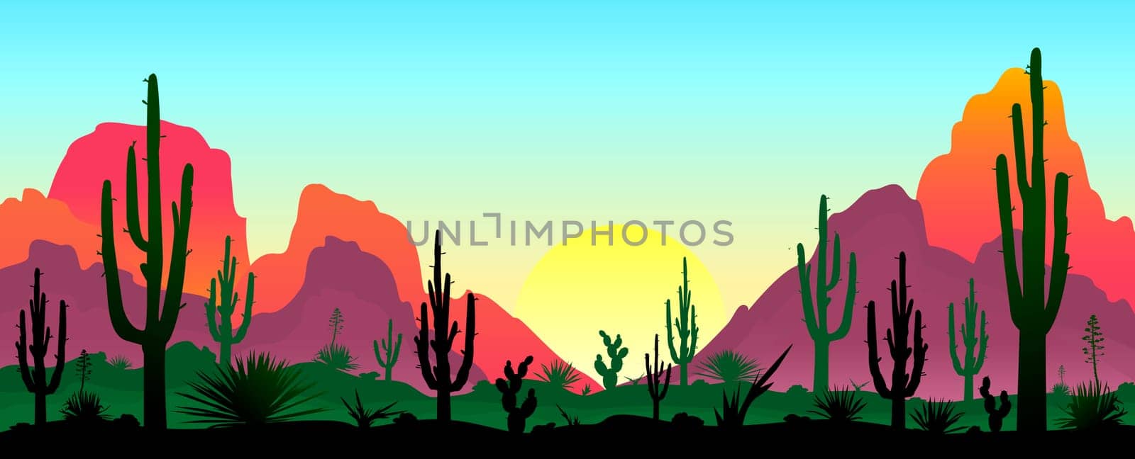 Sunset in the desert. Silhouettes of stones, cacti and plants. Desert landscape with cacti. The stony desert.