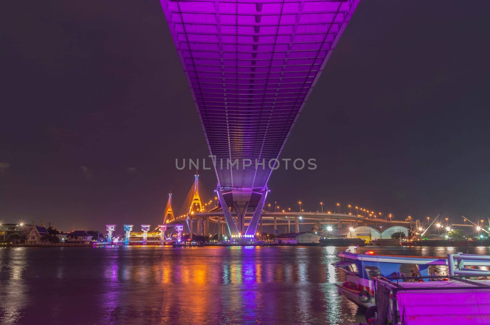 Bhumibol Bridge, Chao Phraya River Bridge. Turn on the lights in many colors at night.