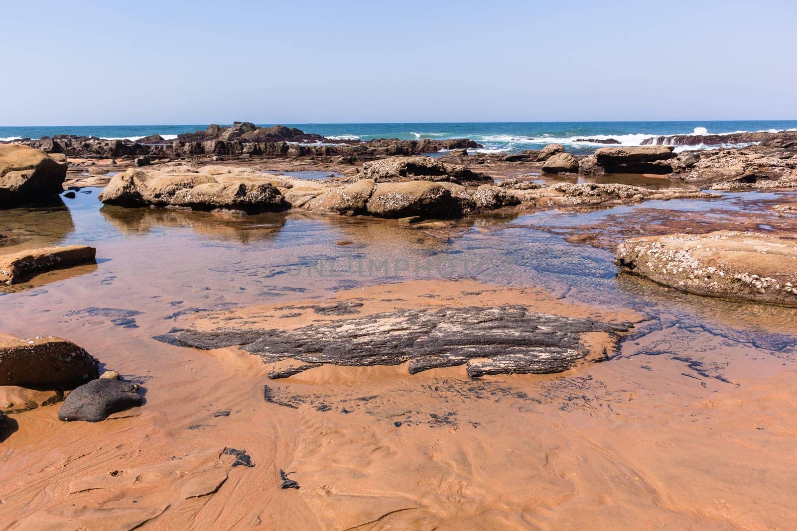 Beach Rocky ocean coastline tidal water pools closeup nature landscape..